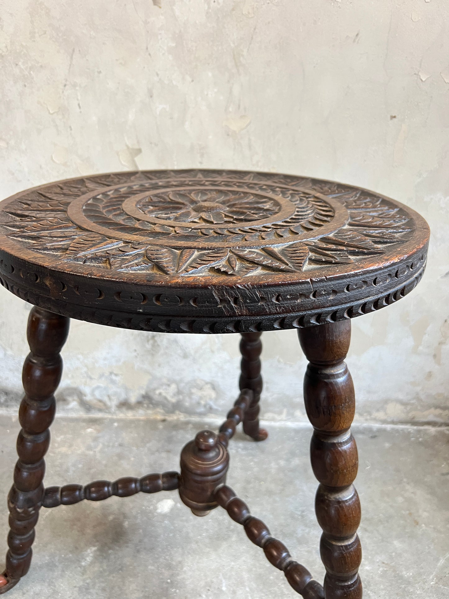 19thC Carved Oak Side Table with Bobbin Legs