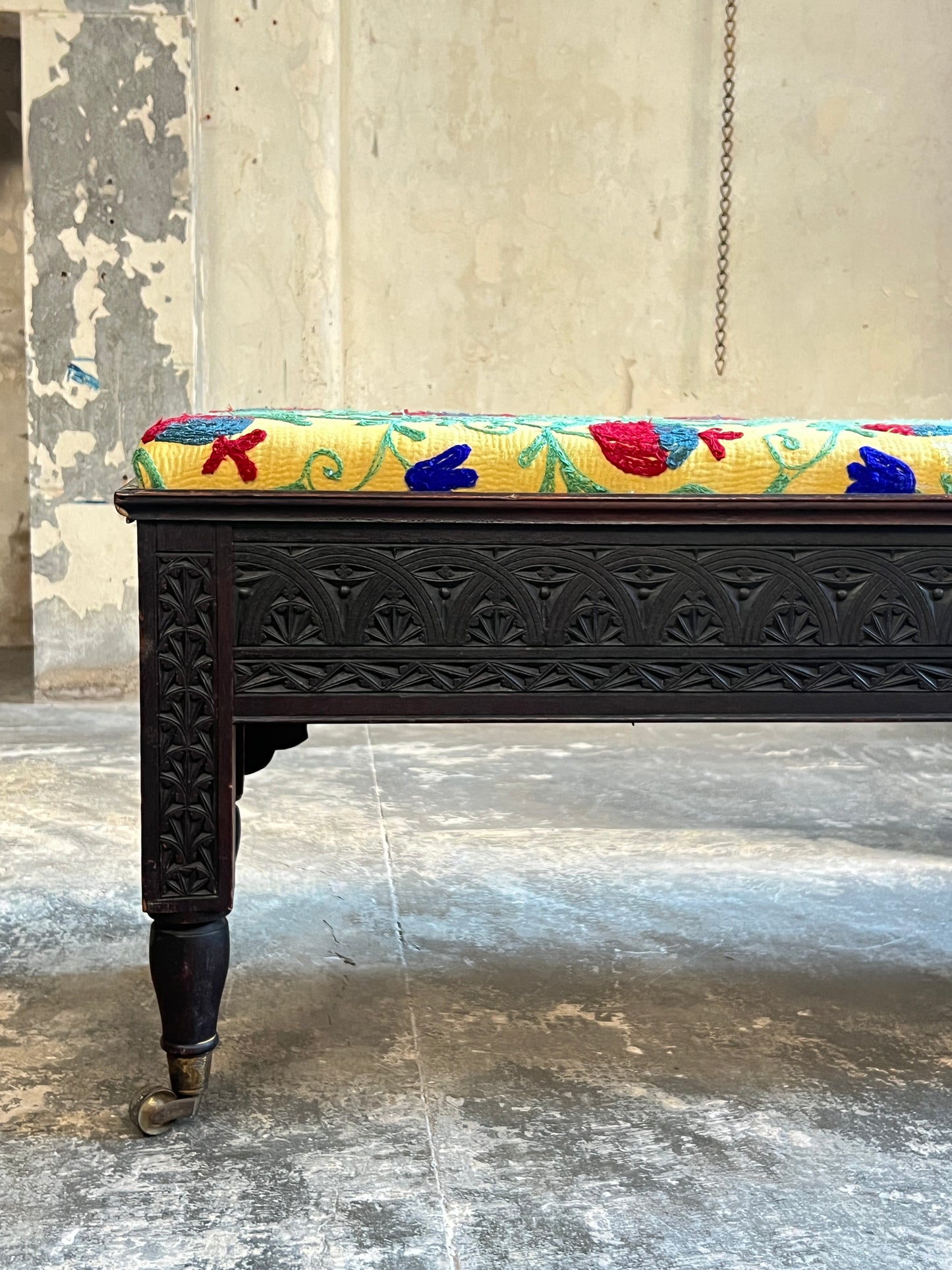 A Scottish "Caithness" Chip Carved Mahogany Bench