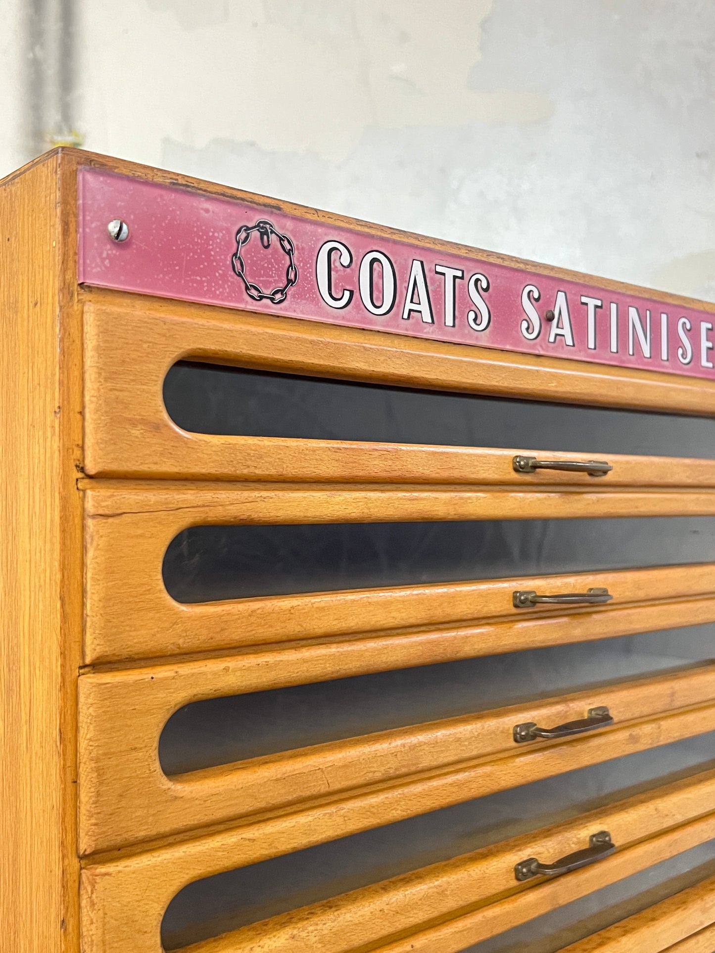 Coats Satinised Haberdashery Shop Counter Display Drawers