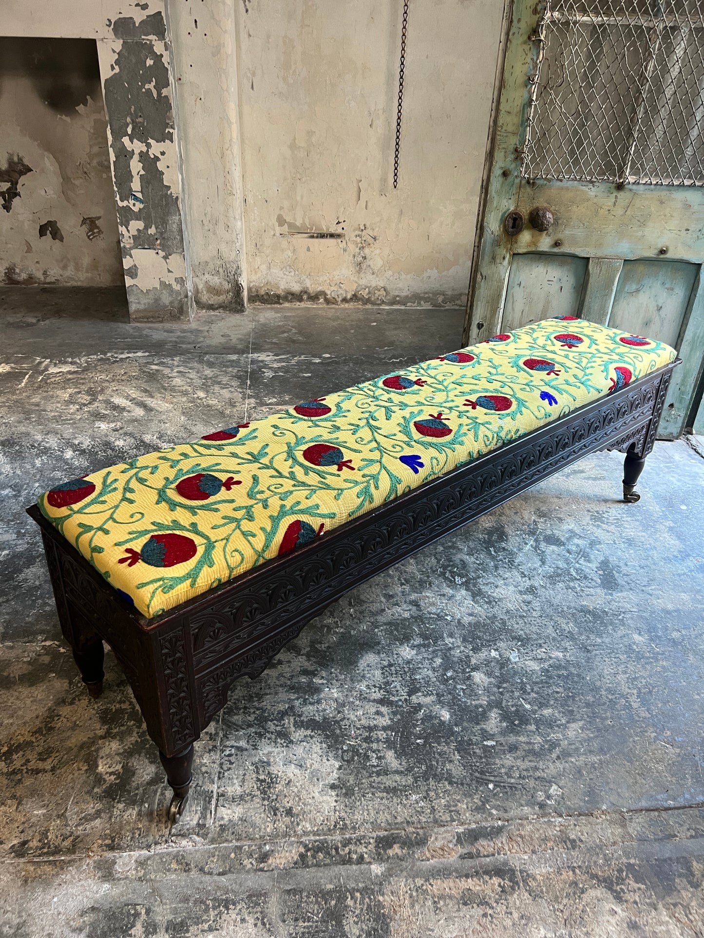 A Scottish "Caithness" Chip Carved Mahogany Bench