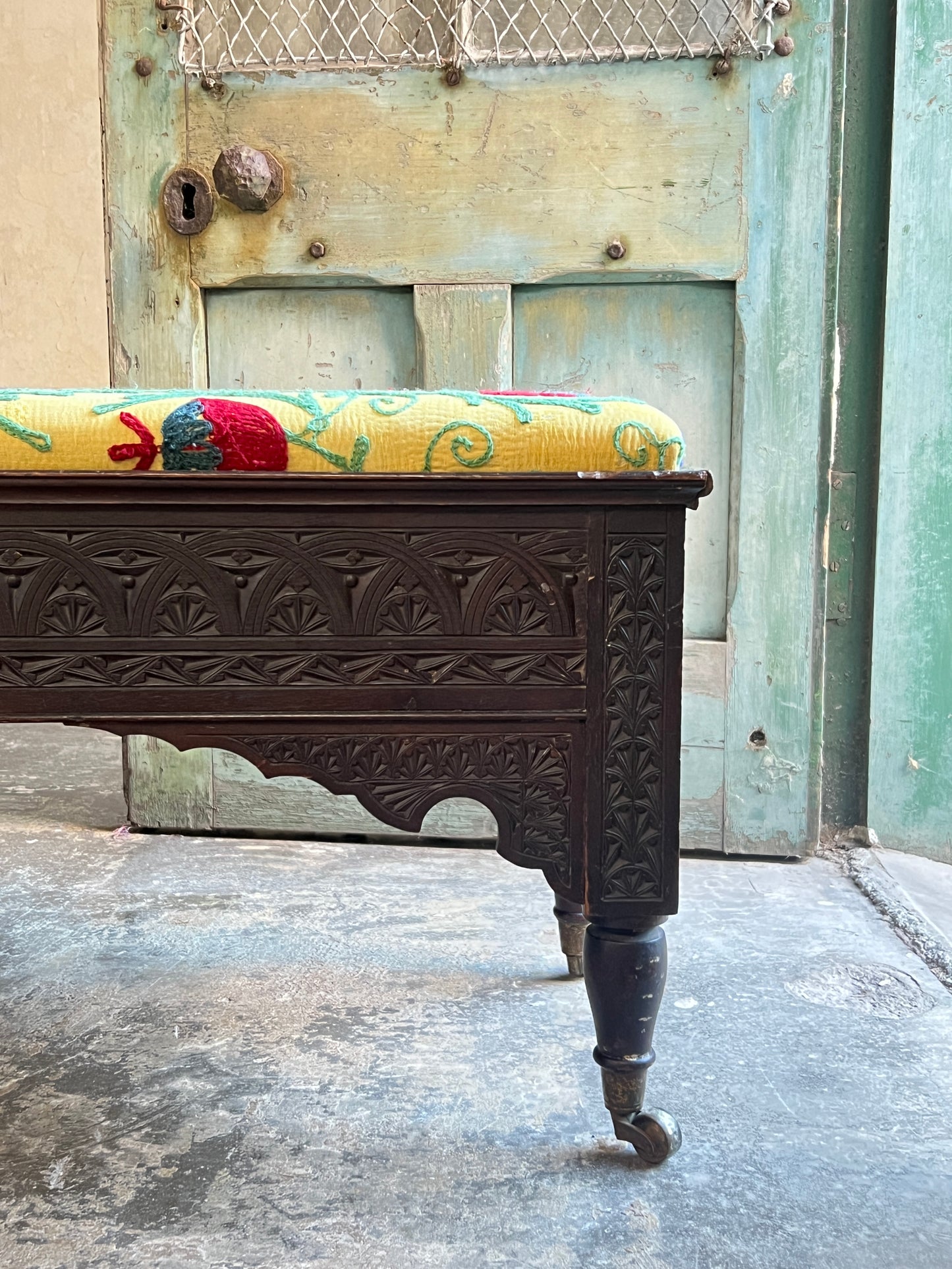 A Scottish "Caithness" Chip Carved Mahogany Bench