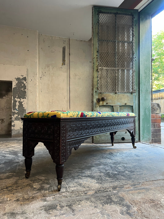 A Scottish "Caithness" Chip Carved Mahogany Bench