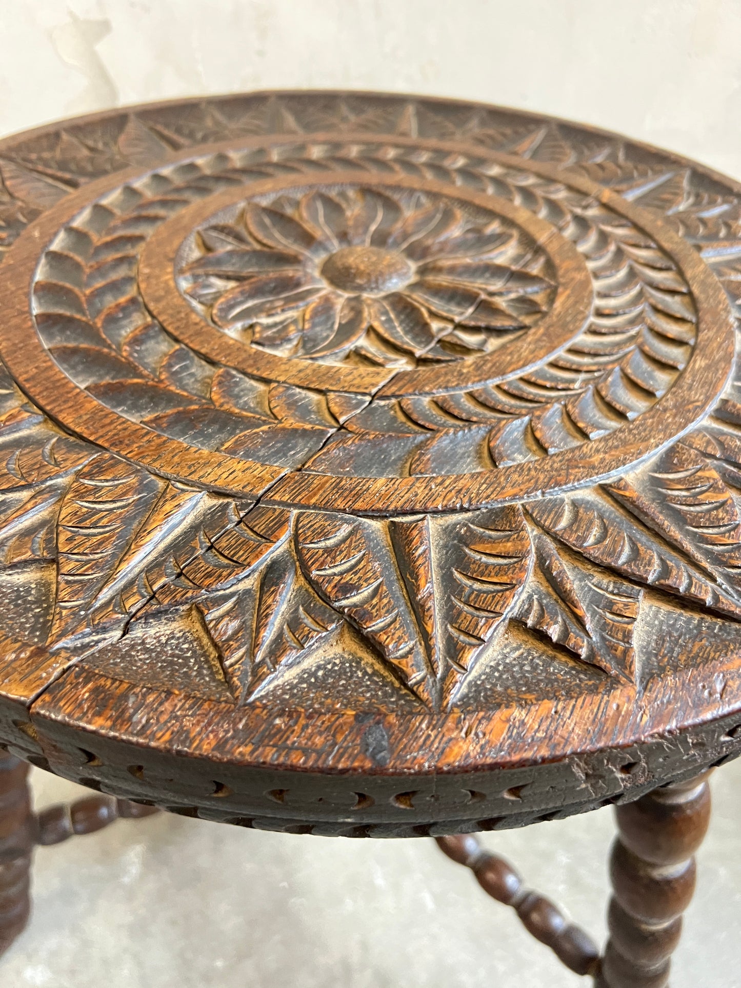 19thC Carved Oak Side Table with Bobbin Legs