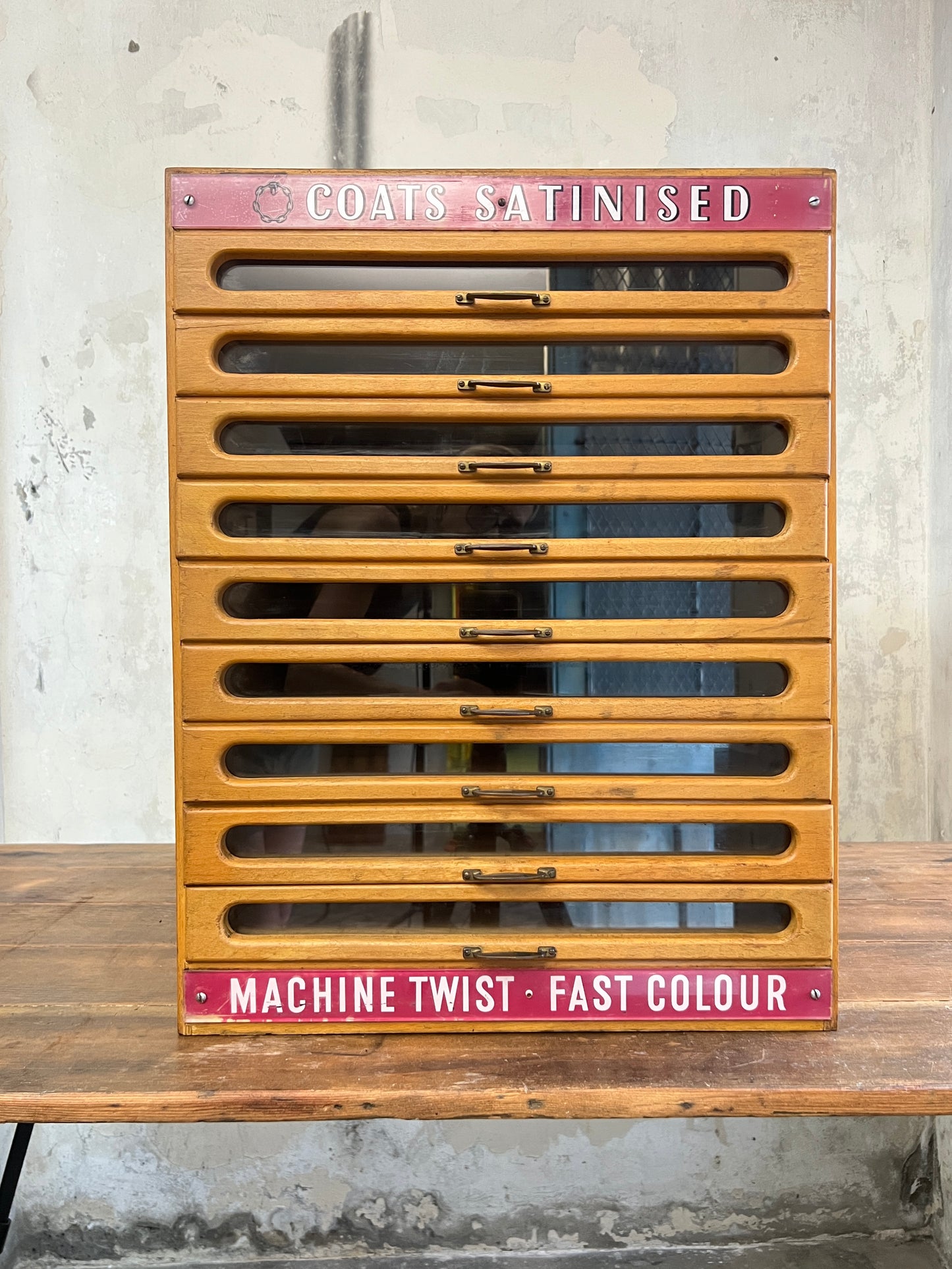 Coats Satinised Haberdashery Shop Counter Display Drawers