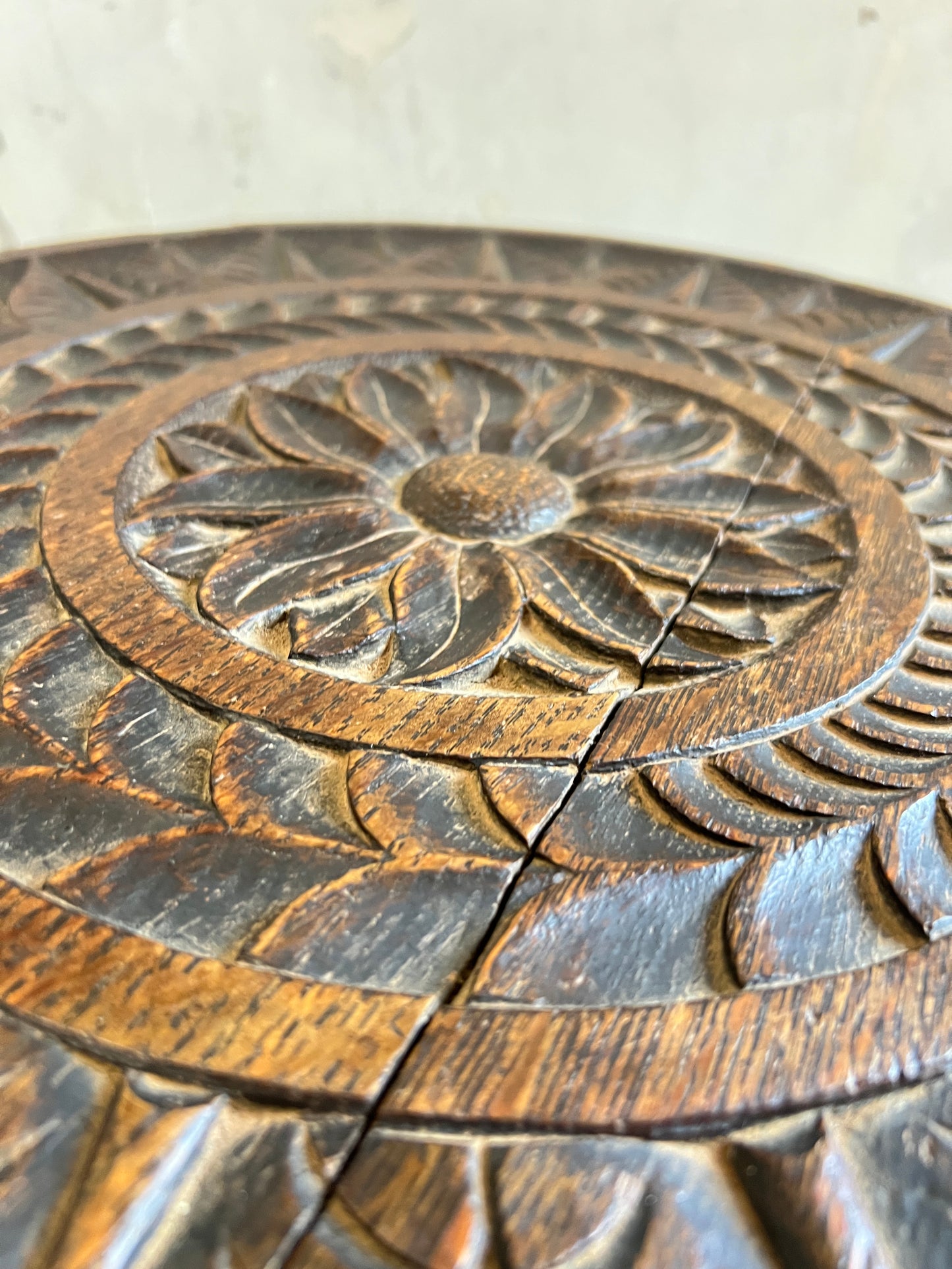 19thC Carved Oak Side Table with Bobbin Legs