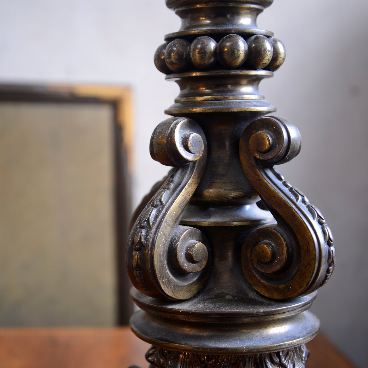19th Century Gilt Brass Column Table Lamp