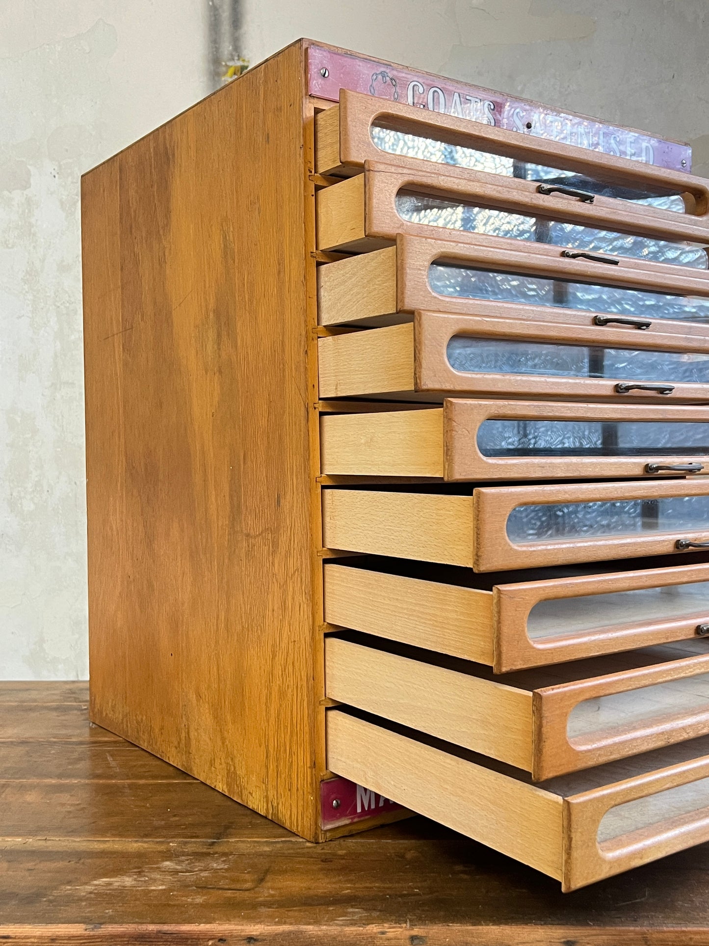 Coats Satinised Haberdashery Shop Counter Display Drawers