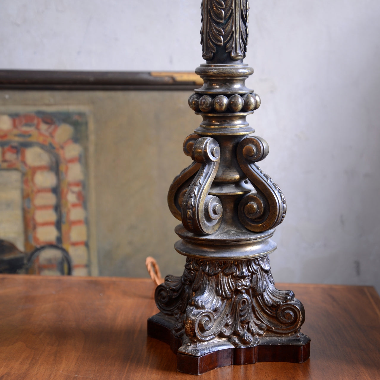 19th Century Gilt Brass Column Table Lamp