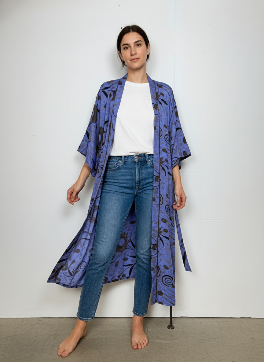 Vintage Saree Silk Kimono / Duster - Long