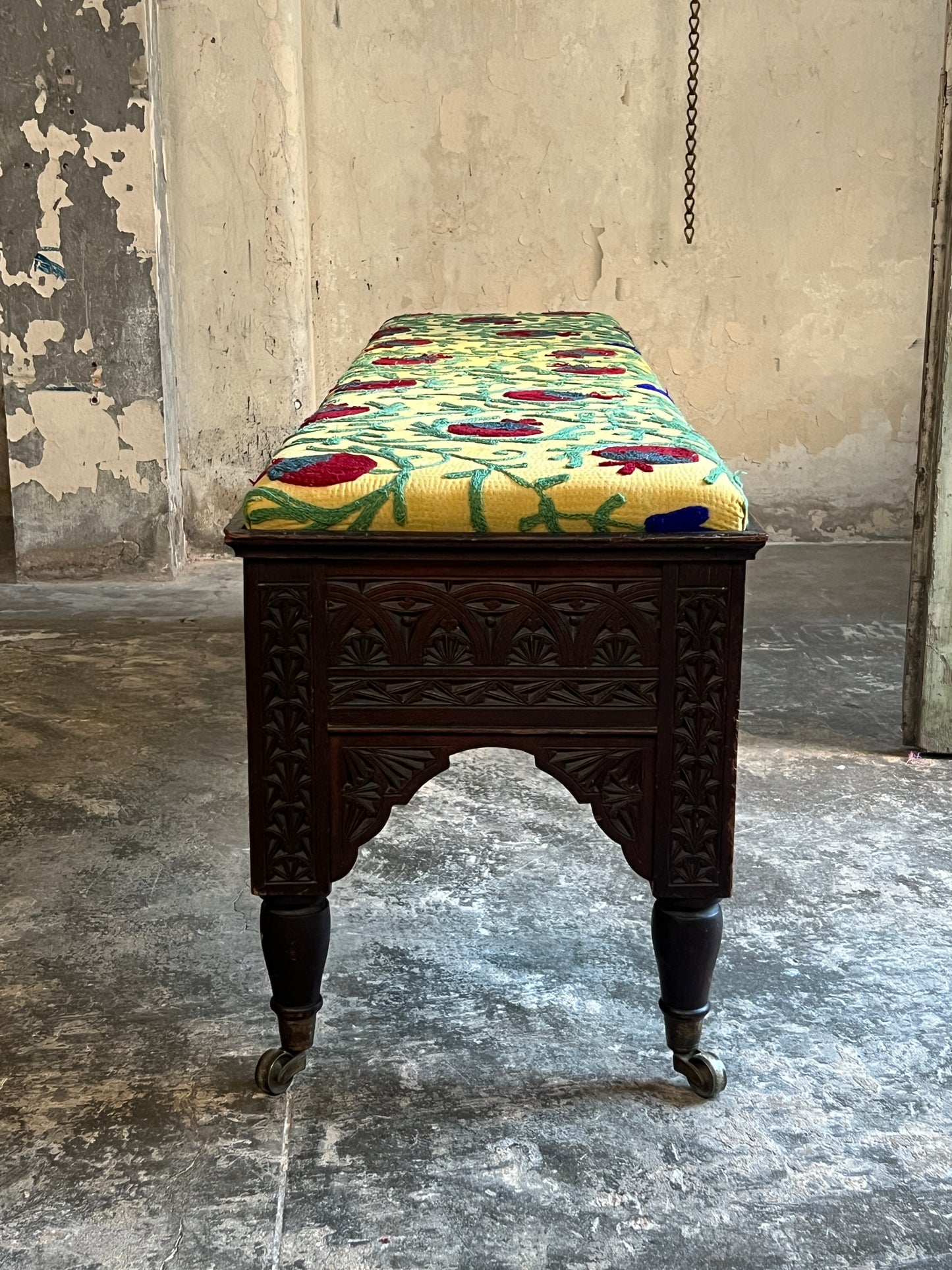 A Scottish "Caithness" Chip Carved Mahogany Bench