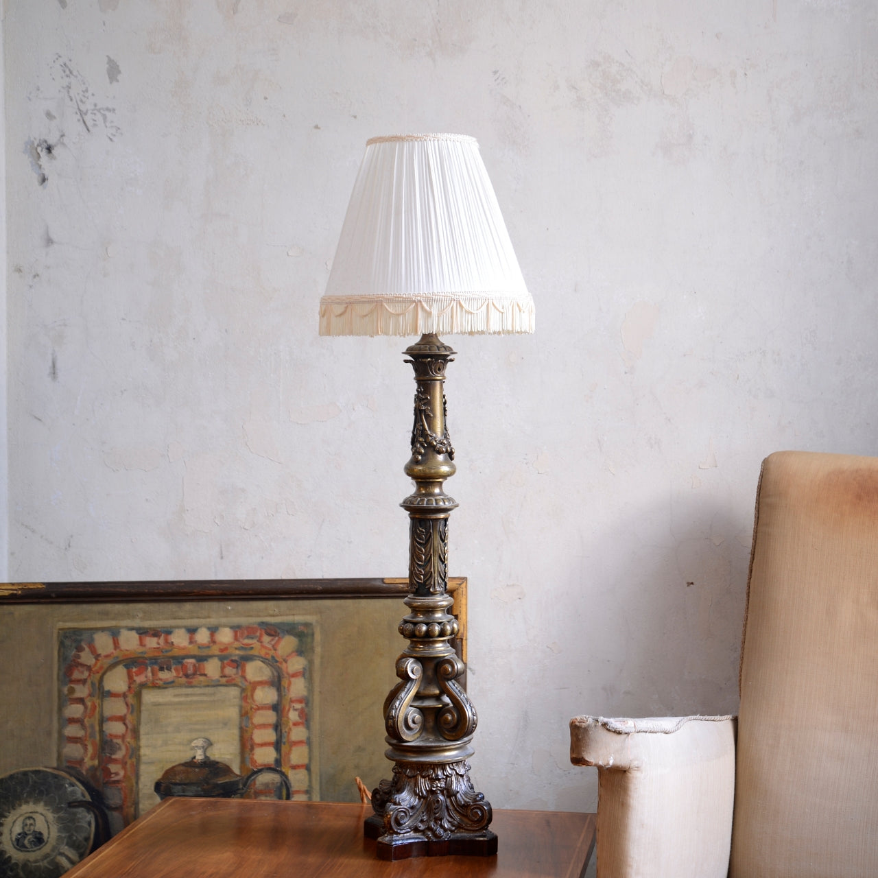 19th Century Gilt Brass Column Table Lamp