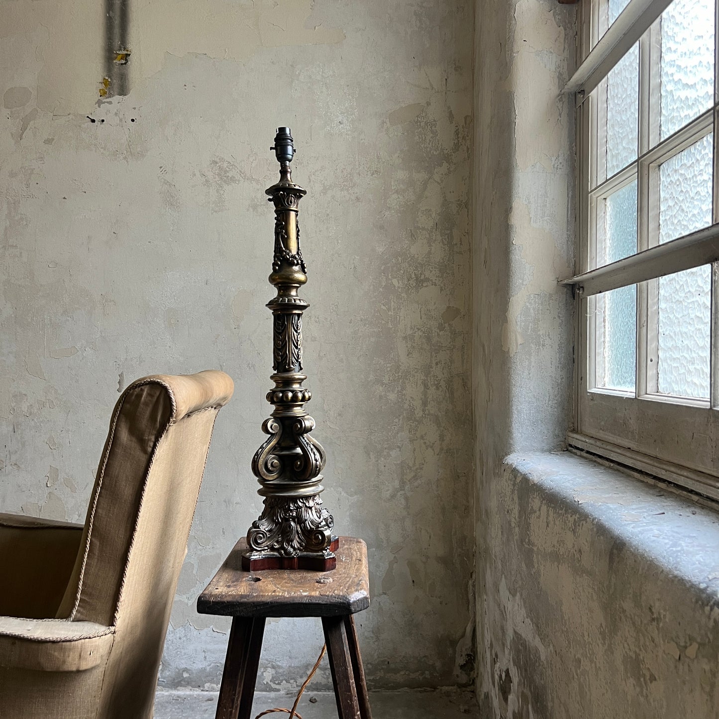19th Century Gilt Brass Column Table Lamp