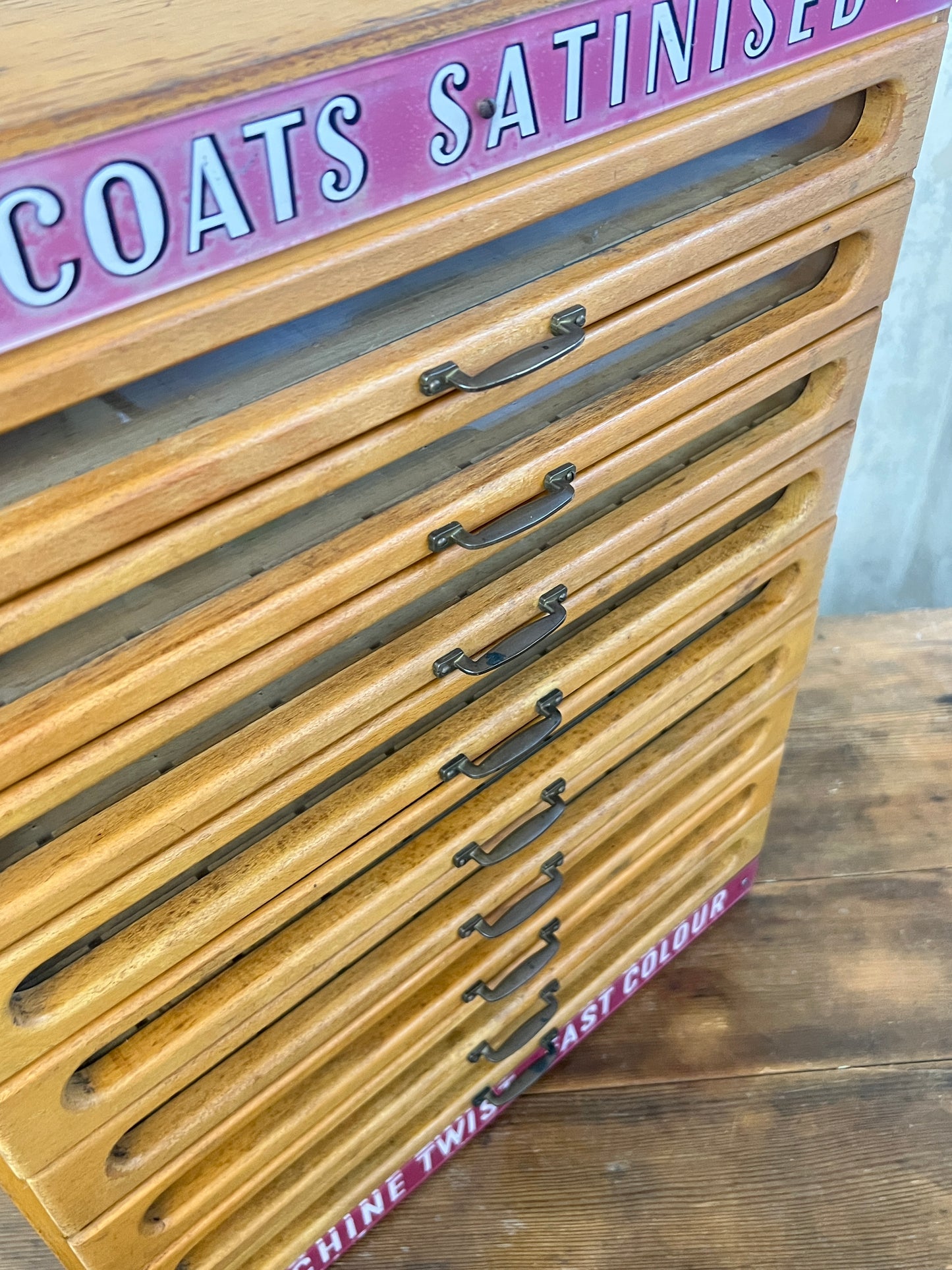 Coats Satinised Haberdashery Shop Counter Display Drawers