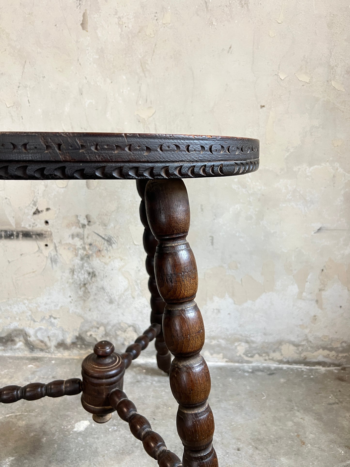19thC Carved Oak Side Table with Bobbin Legs