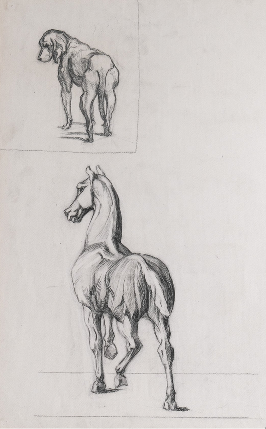 A Pencil Study of a Horse and Dog on Paper.
