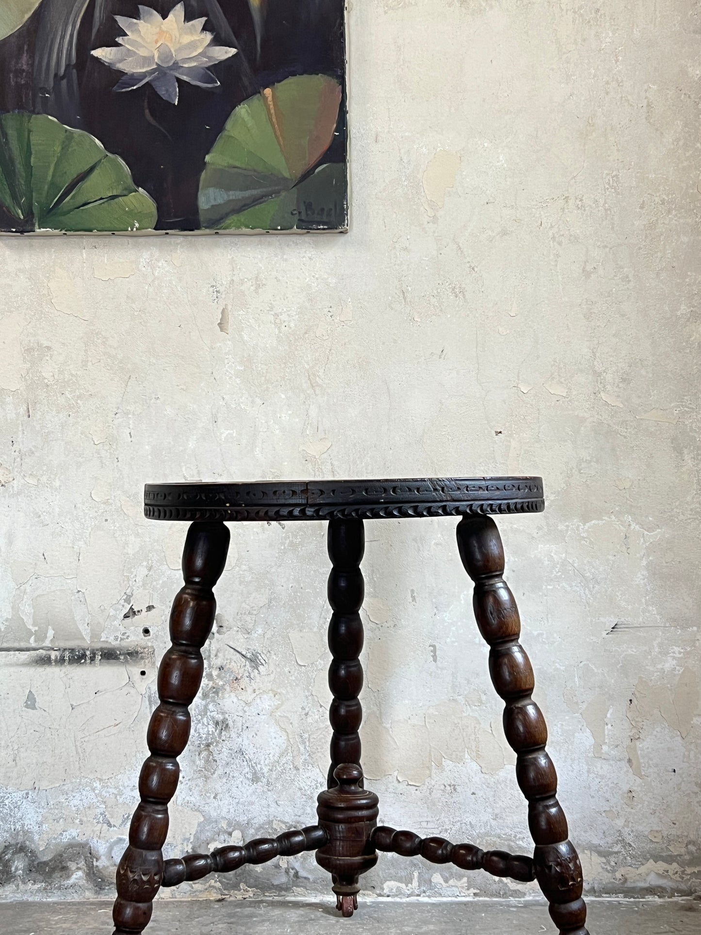 19thC Carved Oak Side Table with Bobbin Legs