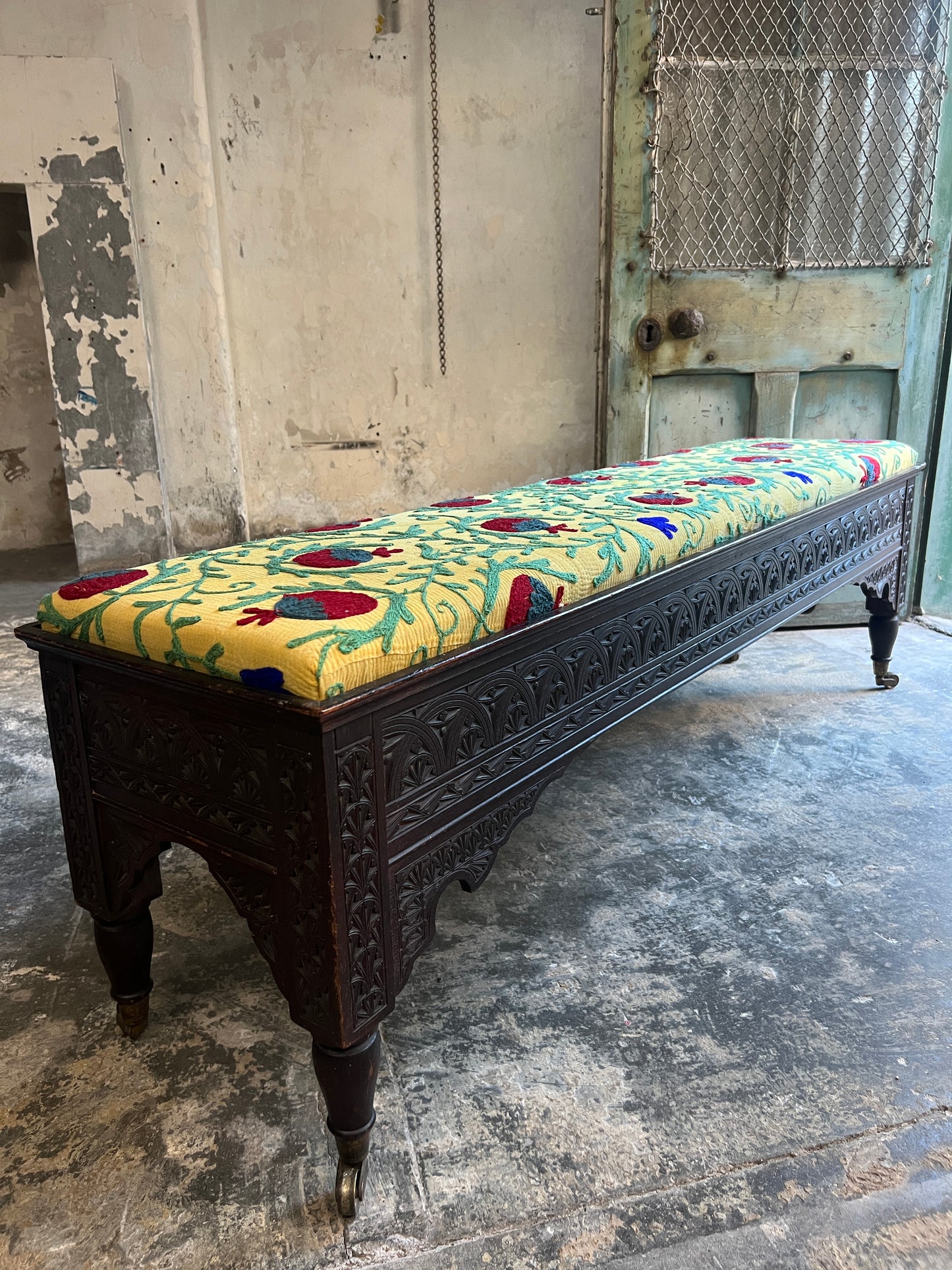 A Scottish "Caithness" Chip Carved Mahogany Bench