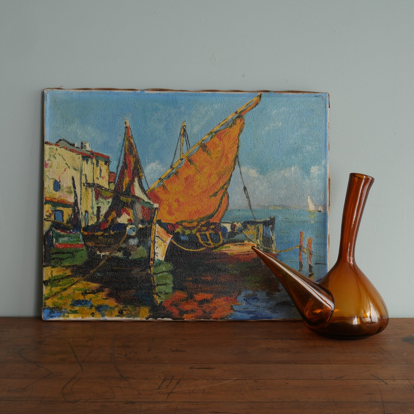 Fishing Boats in a Mediterranean Harbour / Unknown (indistinctly signed), French School, (Mid-20th Century)