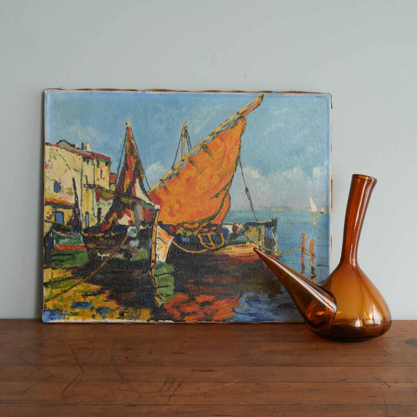 Fishing Boats in a Mediterranean Harbour / Unknown (indistinctly signed), French School, (Mid-20th Century)