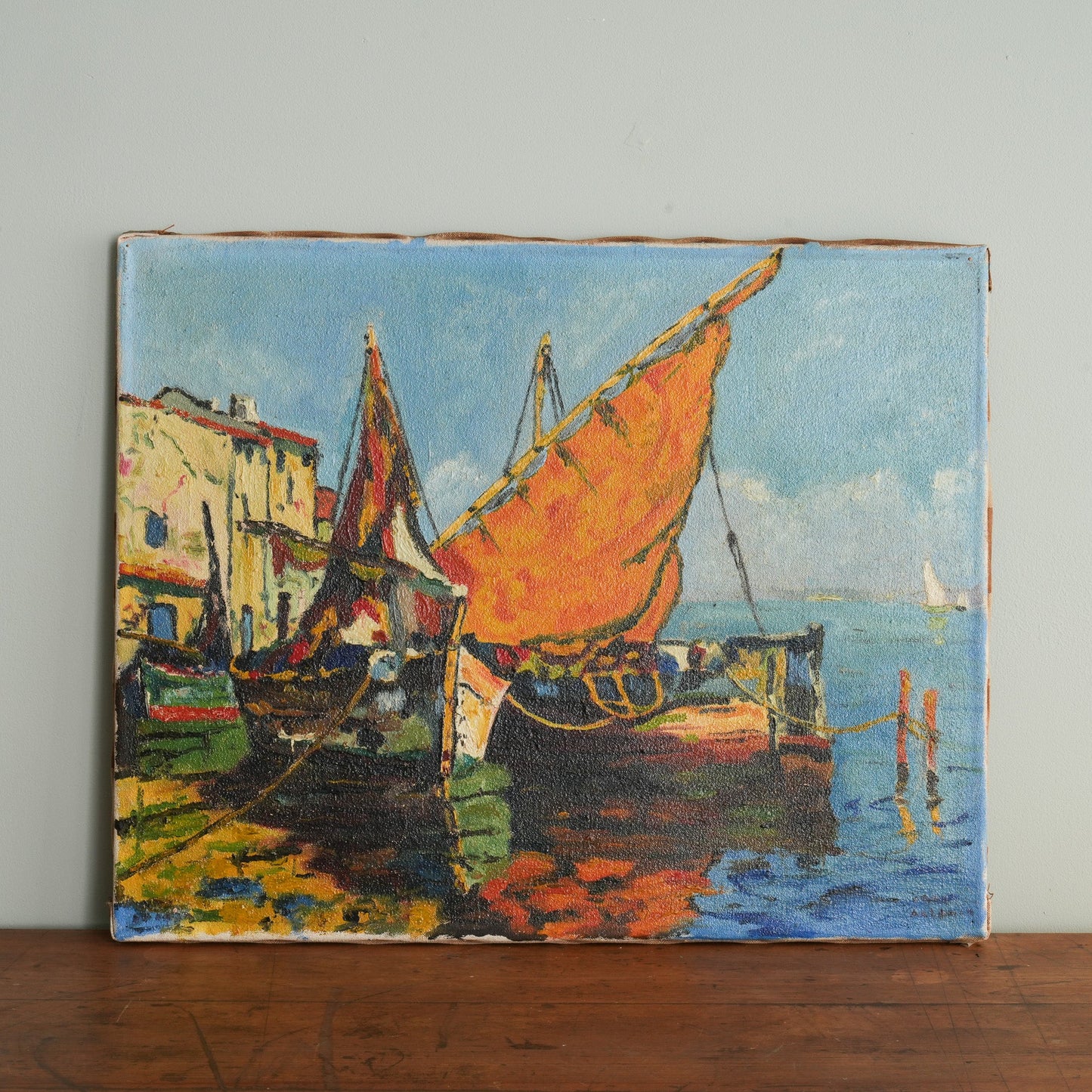 Fishing Boats in a Mediterranean Harbour / Unknown (indistinctly signed), French School, (Mid-20th Century)