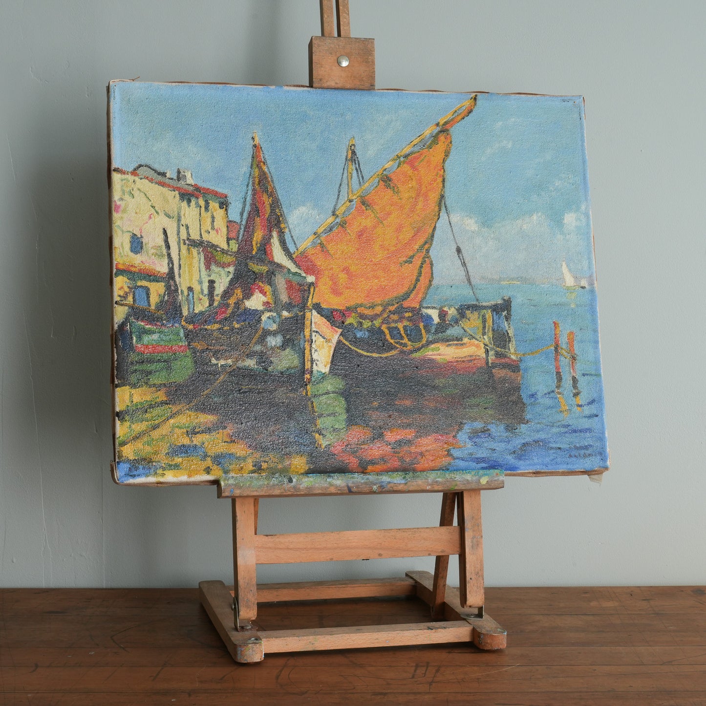 Fishing Boats in a Mediterranean Harbour / Unknown (indistinctly signed), French School, (Mid-20th Century)
