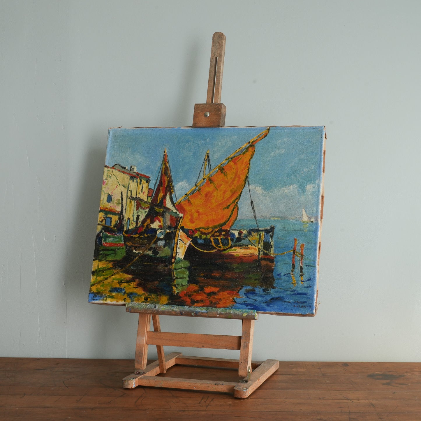Fishing Boats in a Mediterranean Harbour / Unknown (indistinctly signed), French School, (Mid-20th Century)