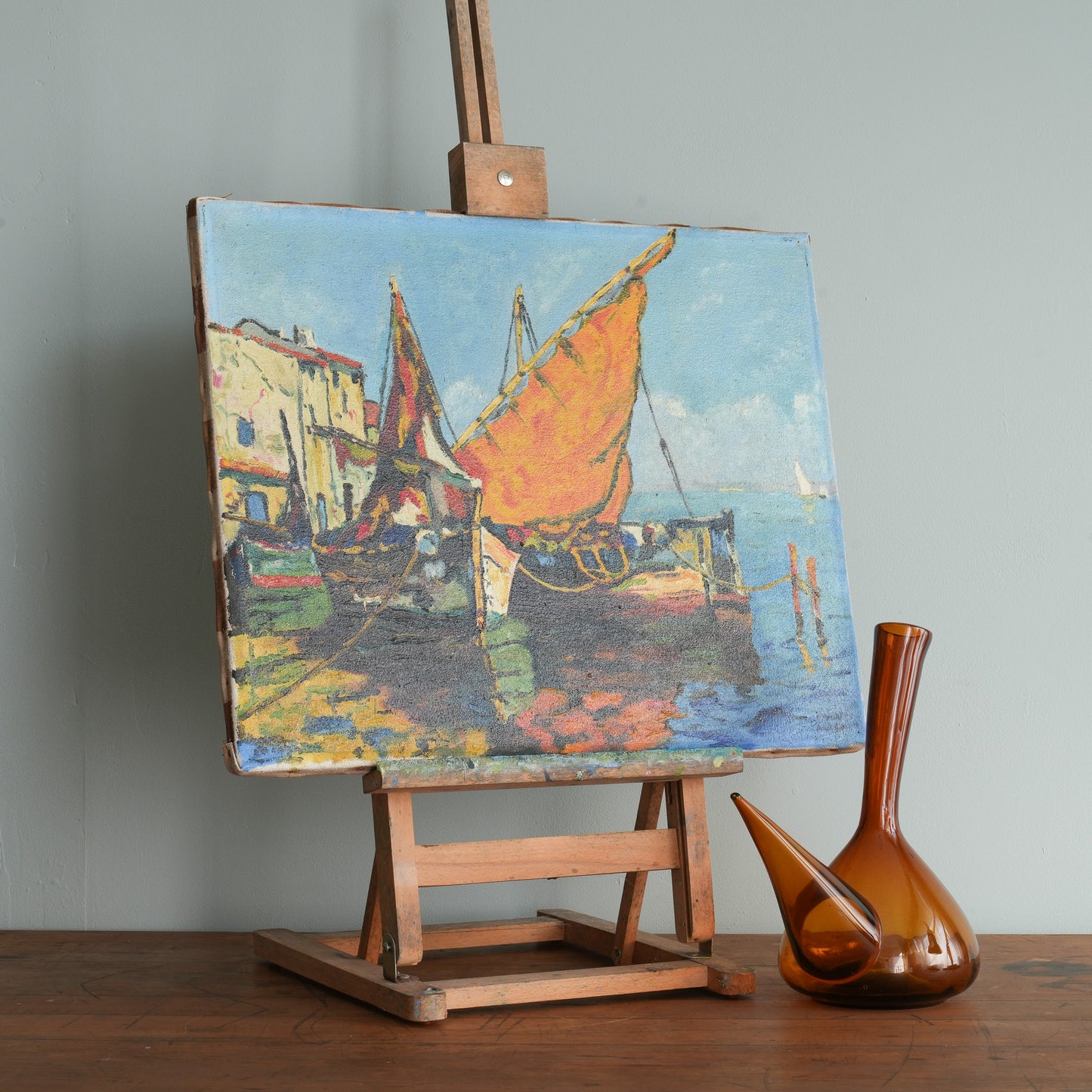Fishing Boats in a Mediterranean Harbour / Unknown (indistinctly signed), French School, (Mid-20th Century)