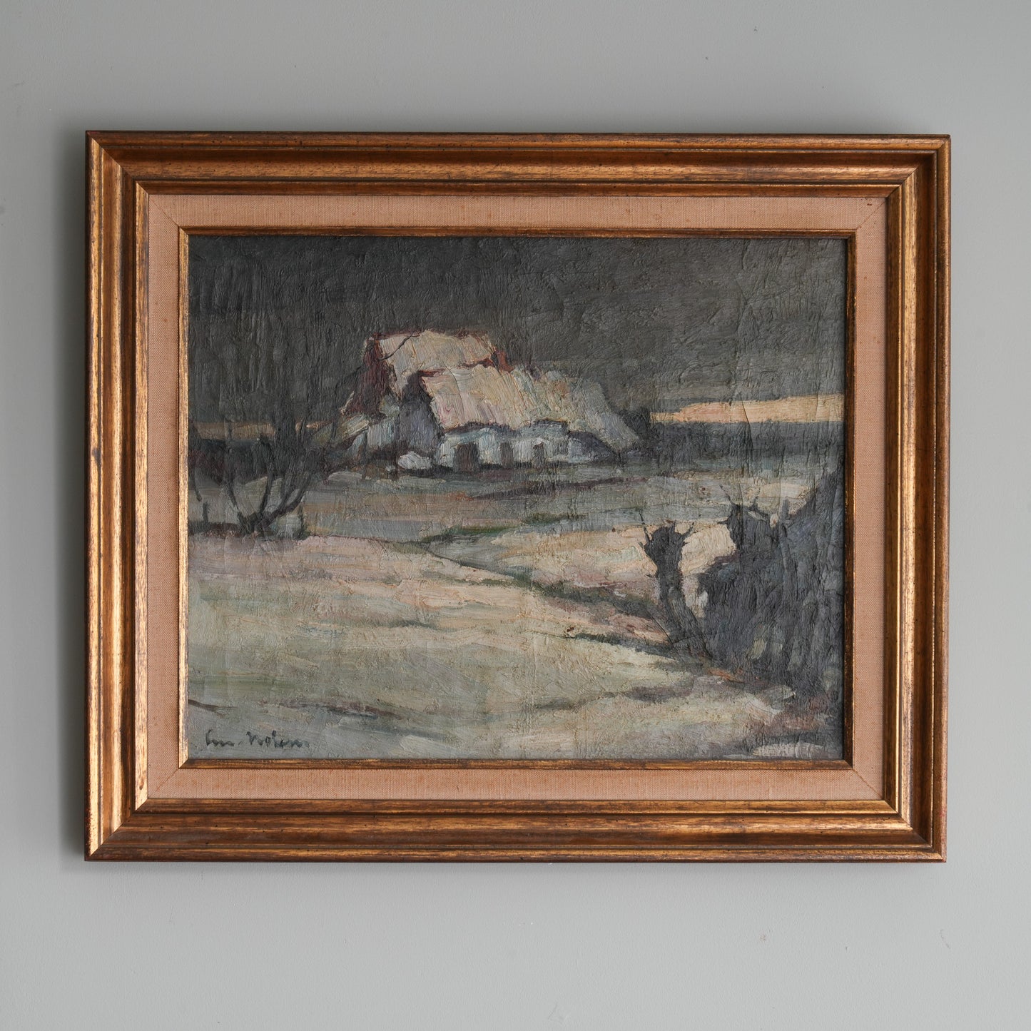 Winter Farmhouse / Unknown Artist (Indistinctly Signed), (C. Mid-20th Century)