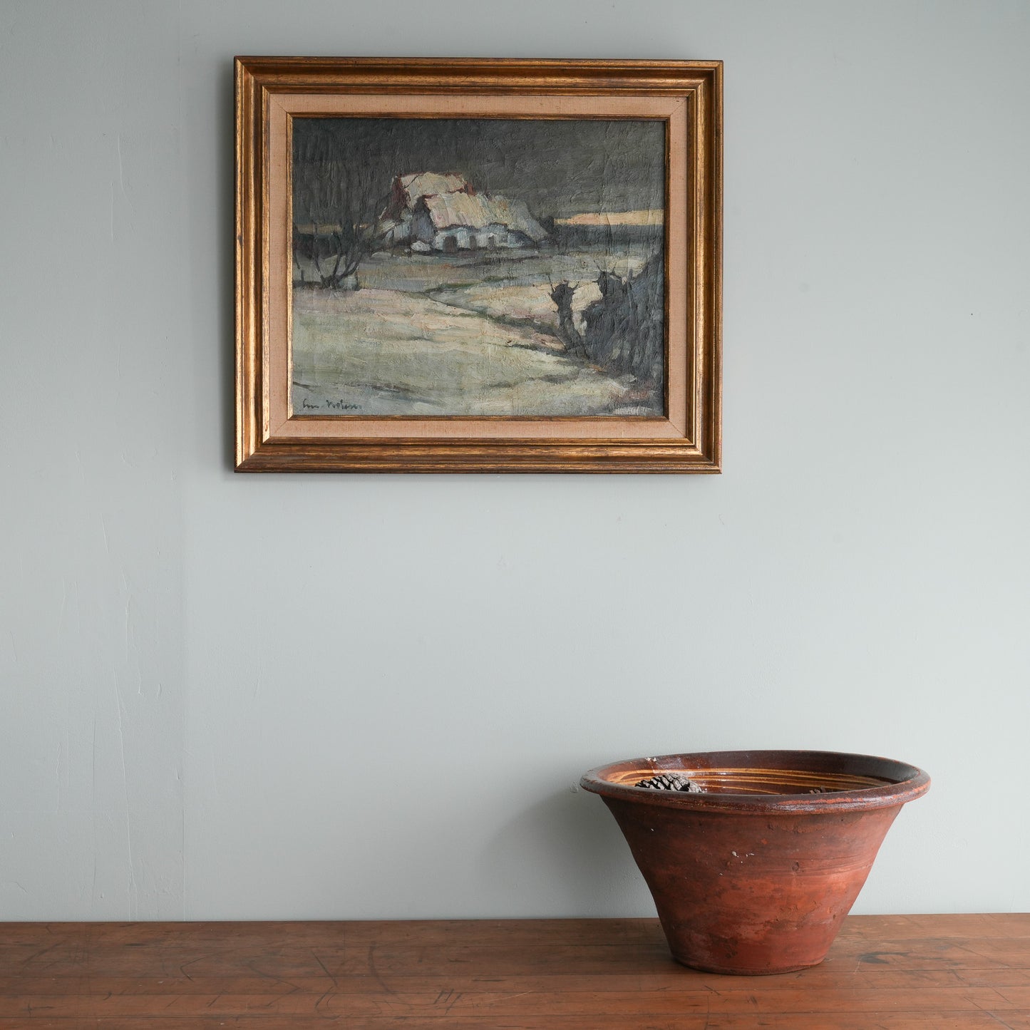 Winter Farmhouse / Unknown Artist (Indistinctly Signed), (C. Mid-20th Century)