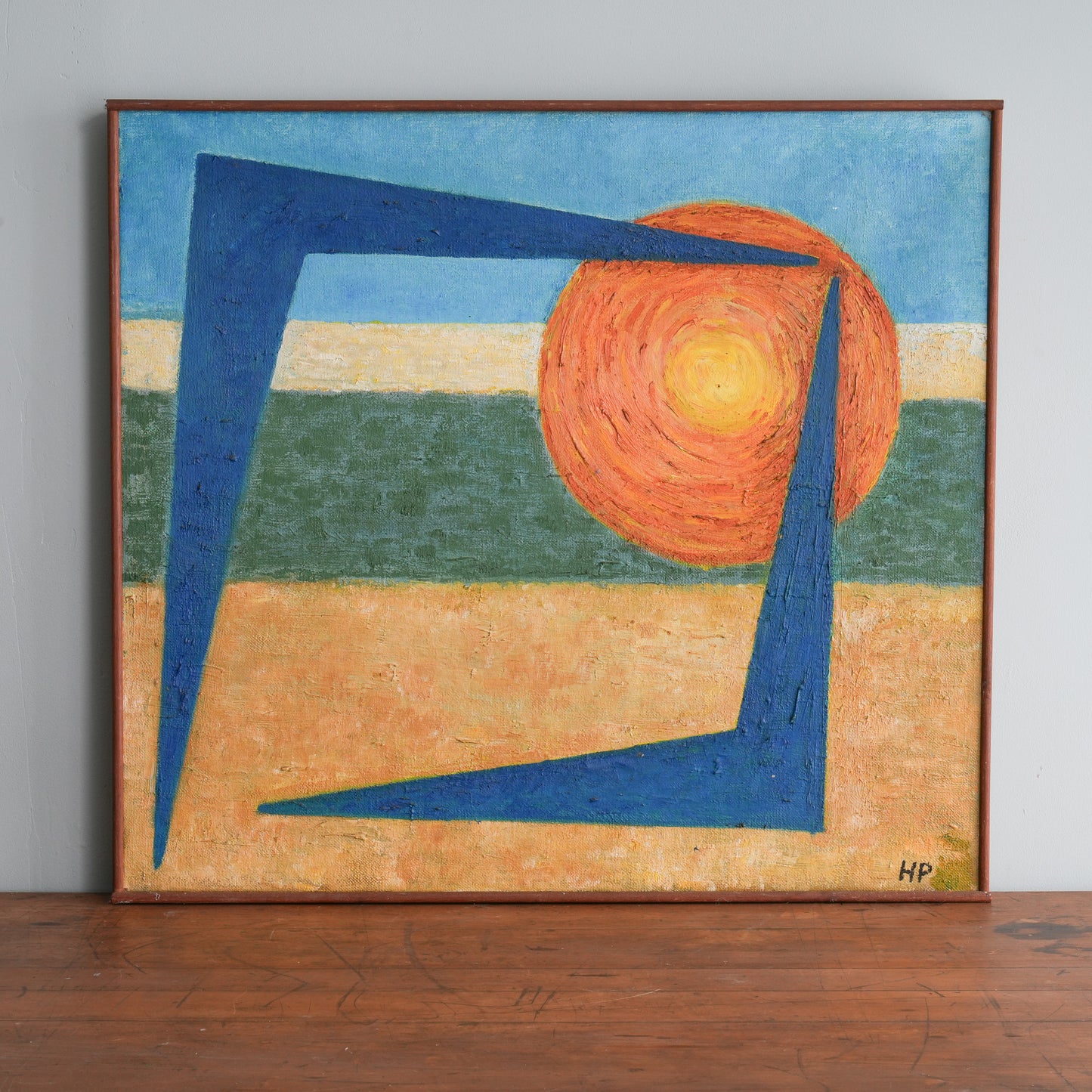 Sunburst with Blue Forms / (Monogrammed HP), (c. 1960s-1970s)