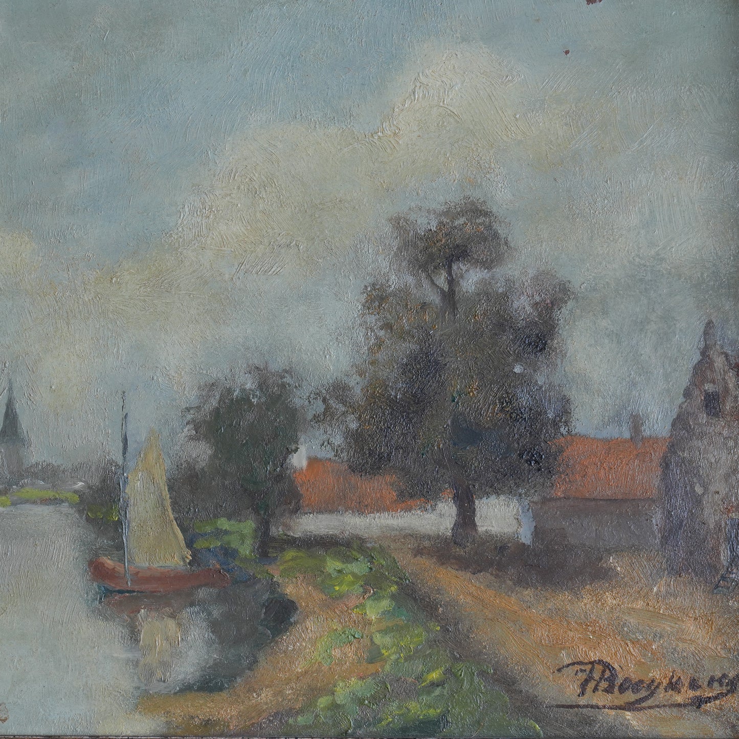 River Scene With Sailboat / Belgian School, (C. Early-To-Mid 20th Century)
