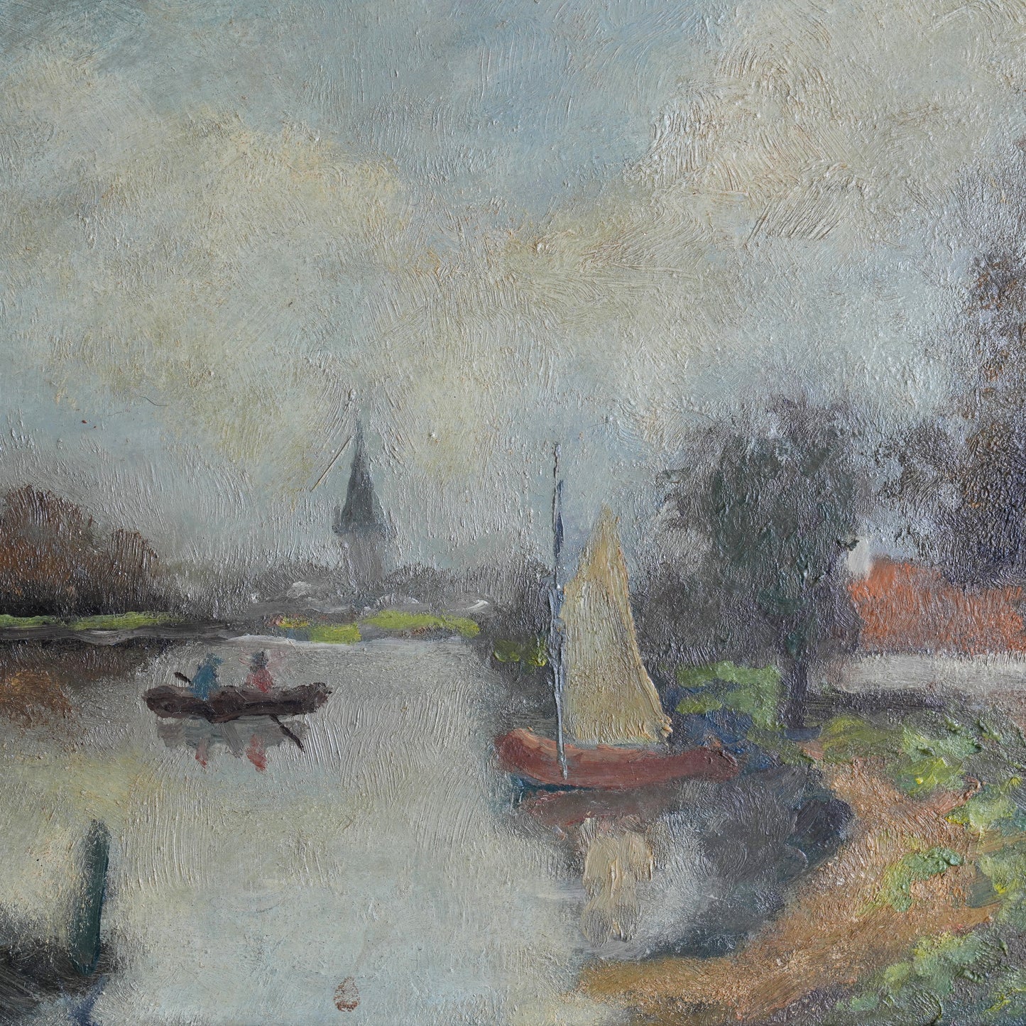 River Scene With Sailboat / Belgian School, (C. Early-To-Mid 20th Century)