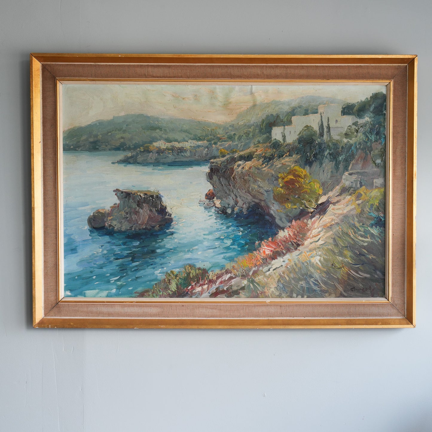 Clifftop Village, Late Sun / Unknown Artist (Illegibly Signed), (c. 20th century)