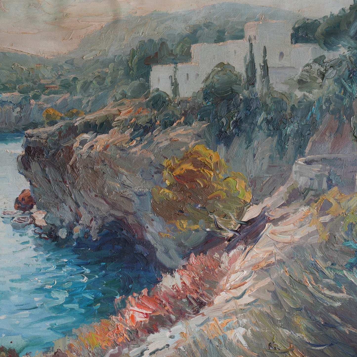 Clifftop Village, Late Sun / Unknown Artist (Illegibly Signed), (c. 20th century)