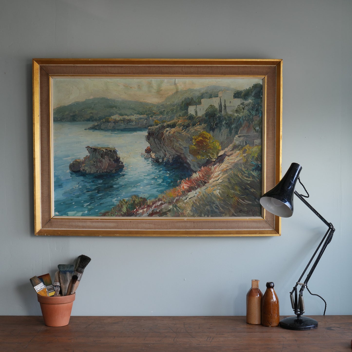 Clifftop Village, Late Sun / Unknown Artist (Illegibly Signed), (c. 20th century)
