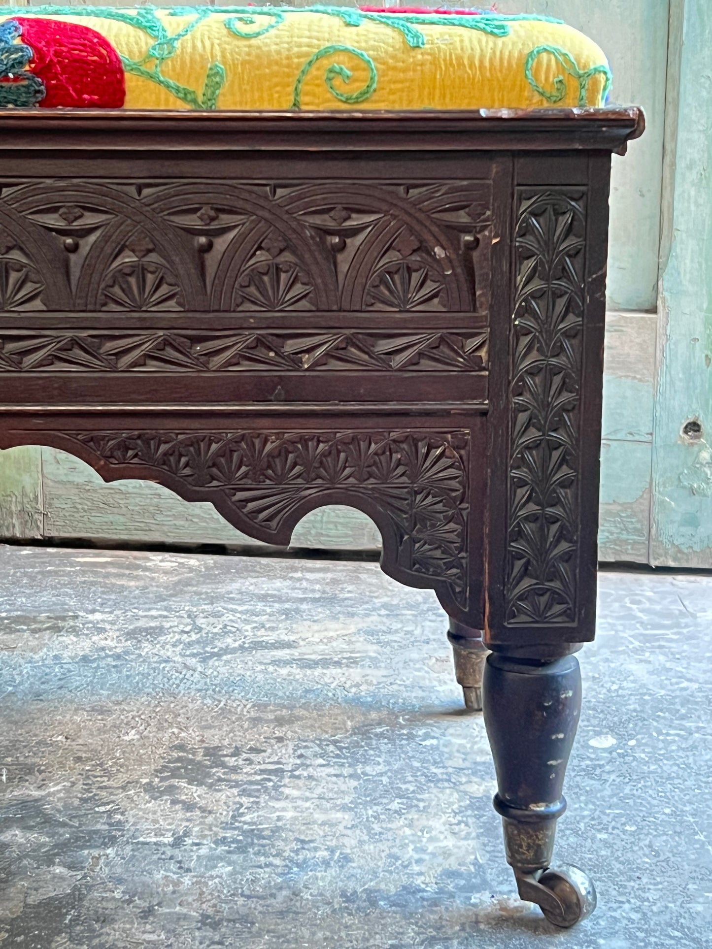 A Scottish "Caithness" Chip Carved Mahogany Bench