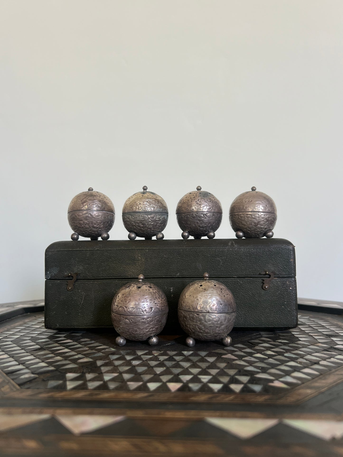 A Boxed Set of Indian Silver "Censur" Pots