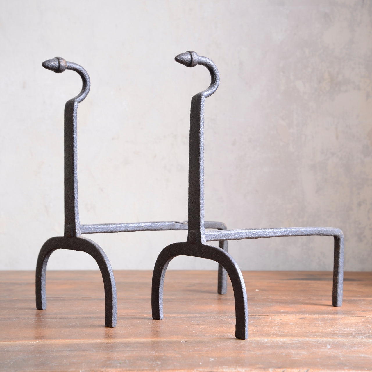 Wrought Iron Andirons Firedogs with Acorn finials - 19th Century