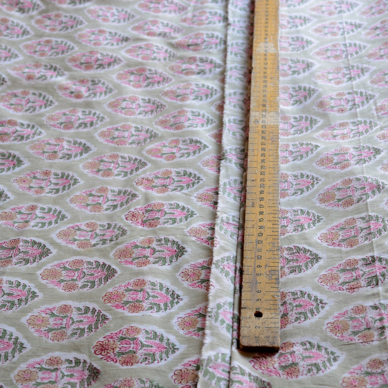 Block Print Cotton Fabric - Green & Pink Flowers