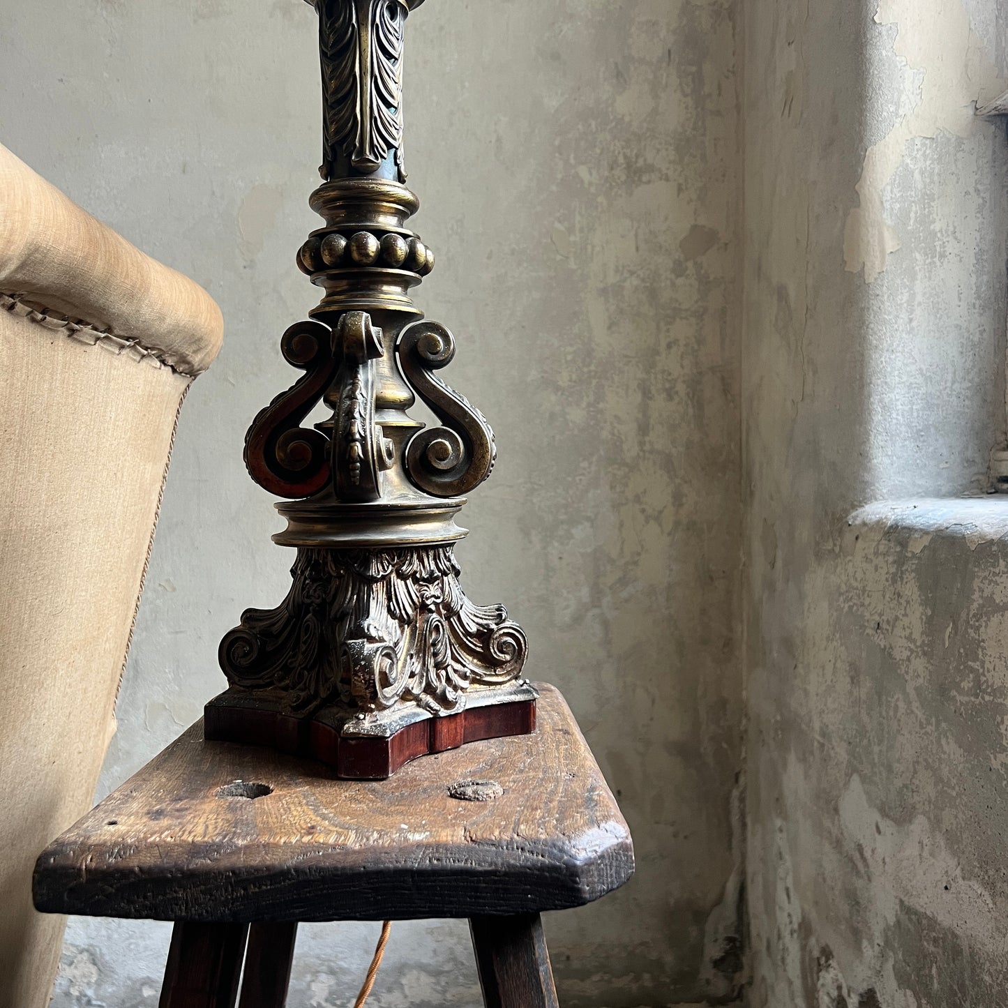19th Century Gilt Brass Column Table Lamp