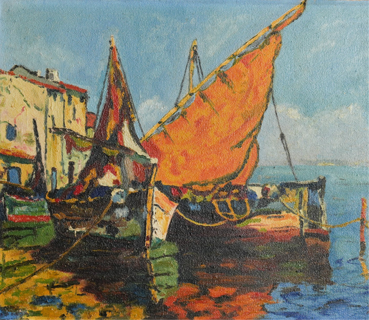 Fishing Boats in a Mediterranean Harbour / Unknown (indistinctly signed), French School, (Mid-20th Century)