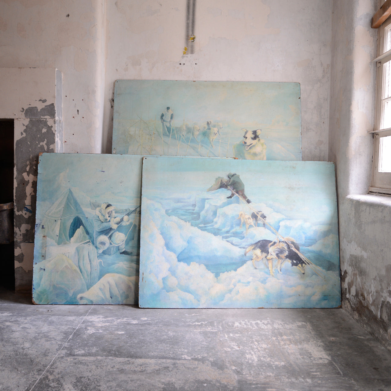 Triptych Of Polar Exploration Scenes / J Mills , (c. 1960s)