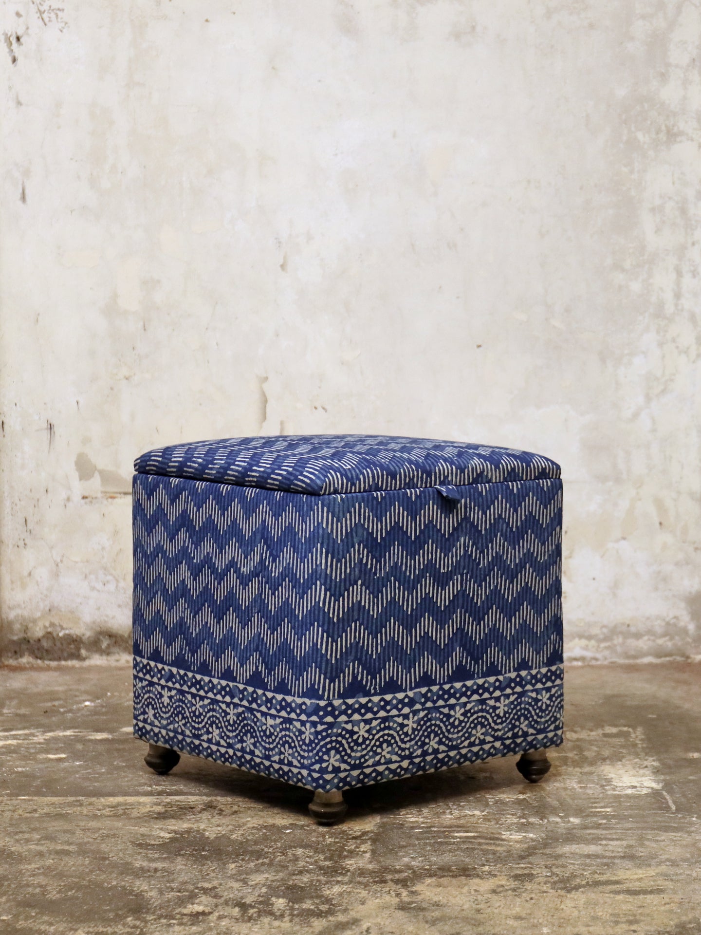 1950's Cube Ottoman - Hand Block Printed Indigo