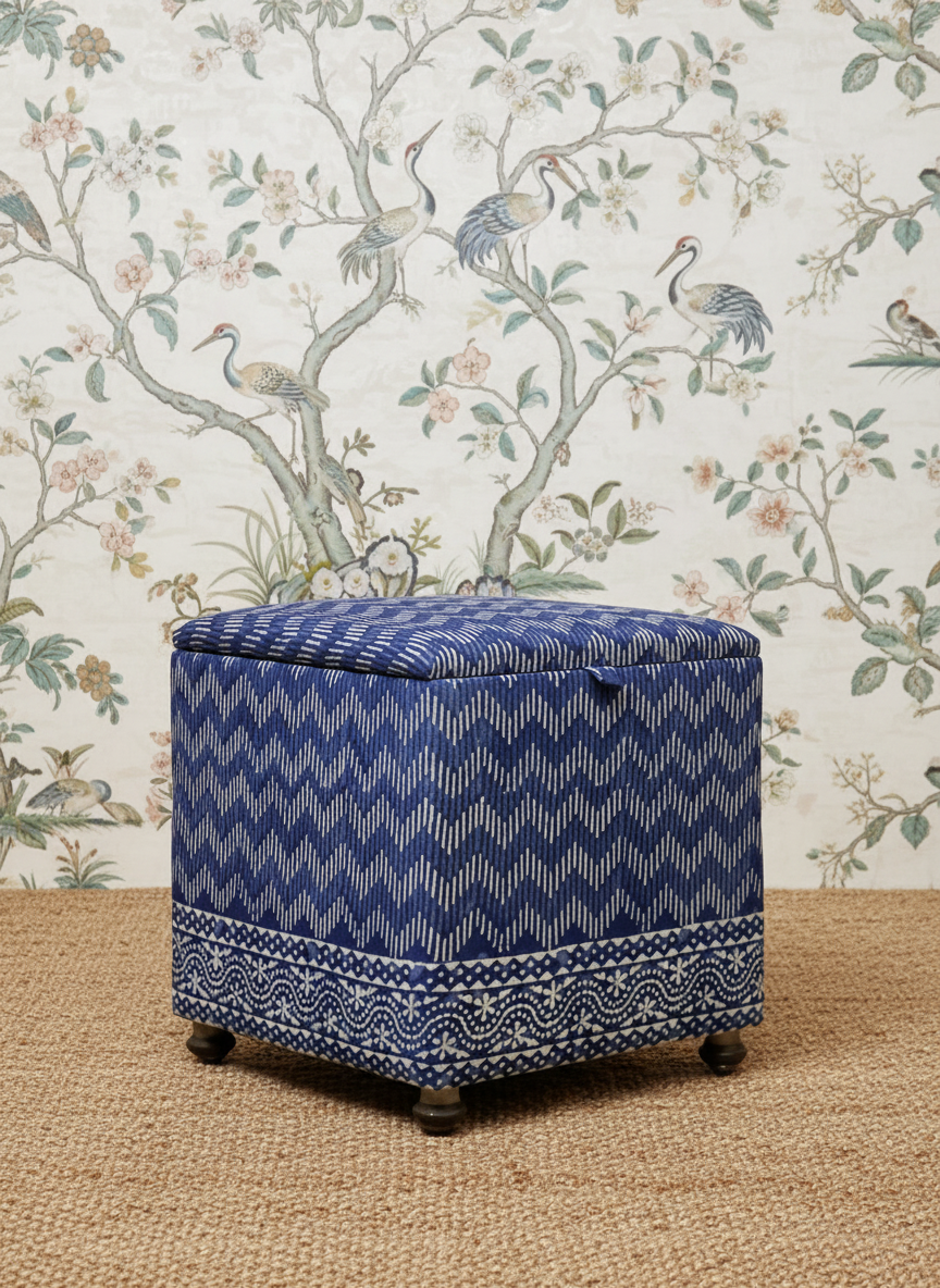 1950's Cube Ottoman - Hand Block Printed Indigo