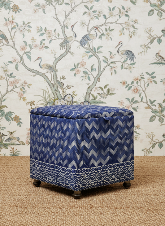 1950's Cube Ottoman - Hand Block Printed Indigo