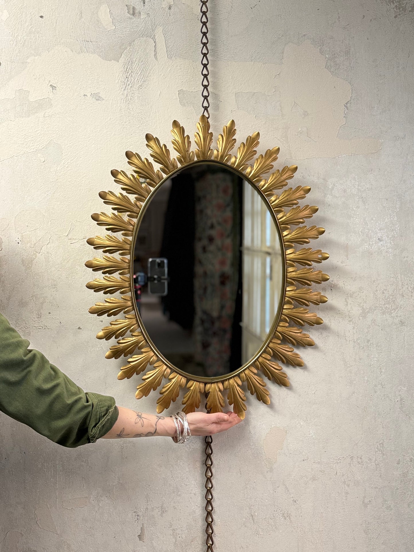 An Oval Sunburst Brass Leaf Mirror by Deknudt, 1950’s