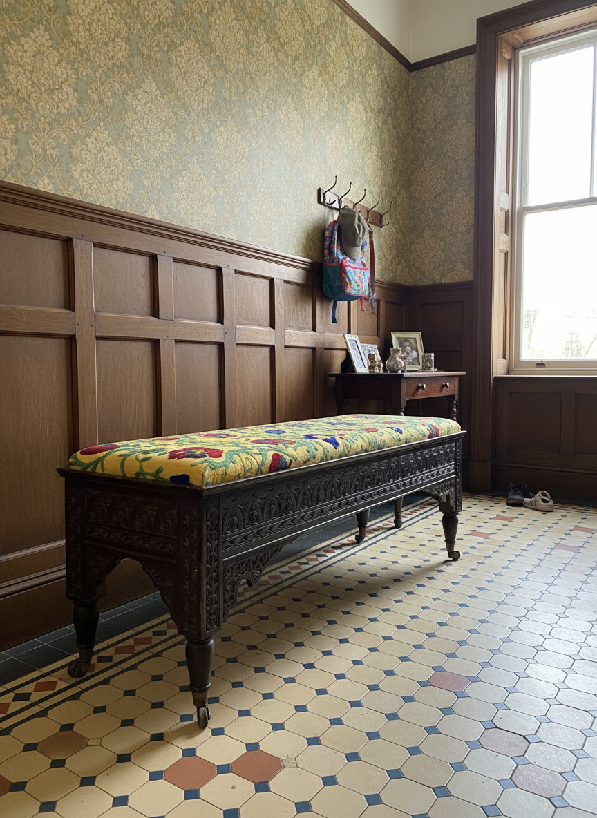 A Scottish "Caithness" Chip Carved Mahogany Bench