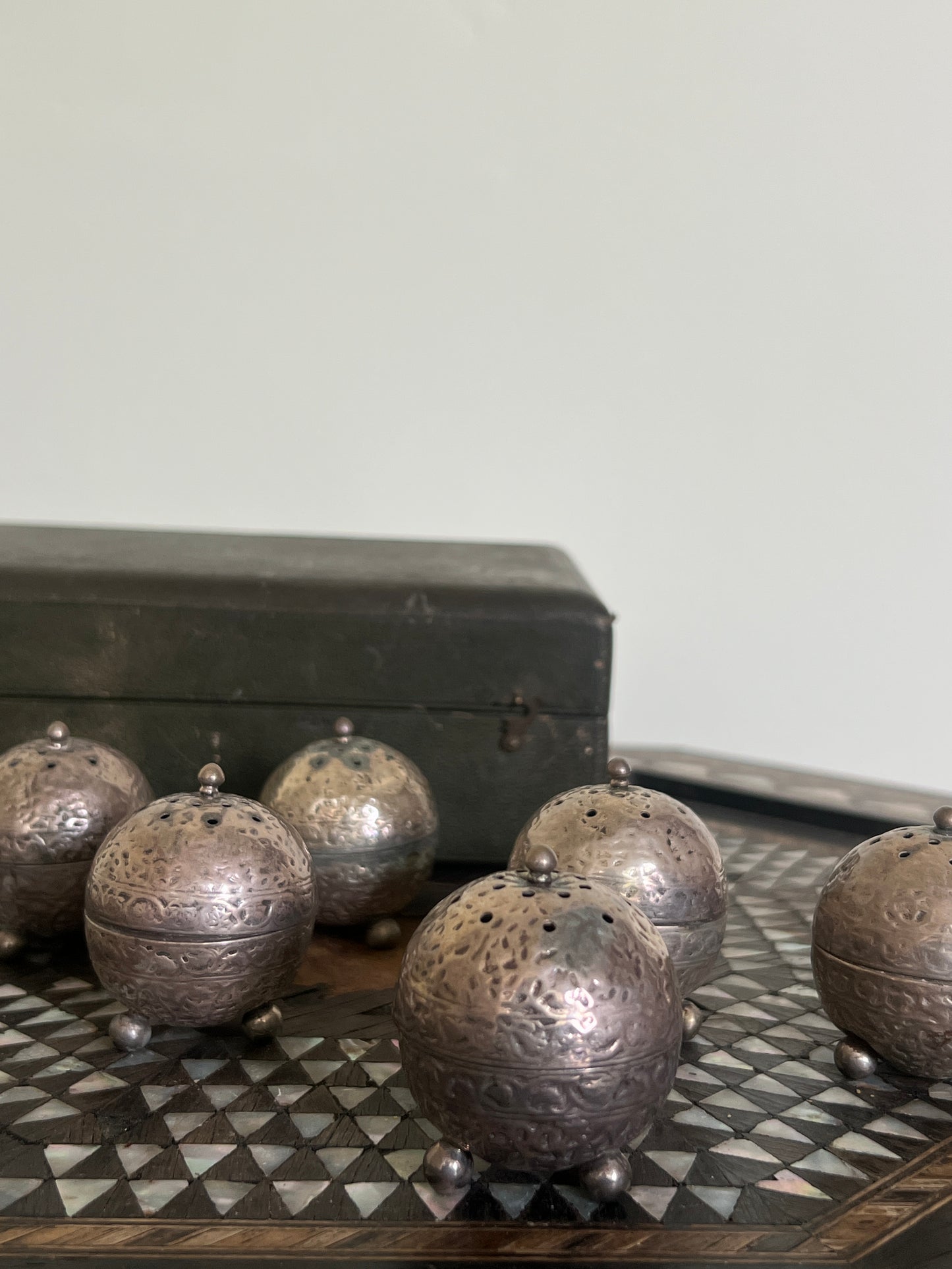 A Boxed Set of Indian Silver "Censur" Pots