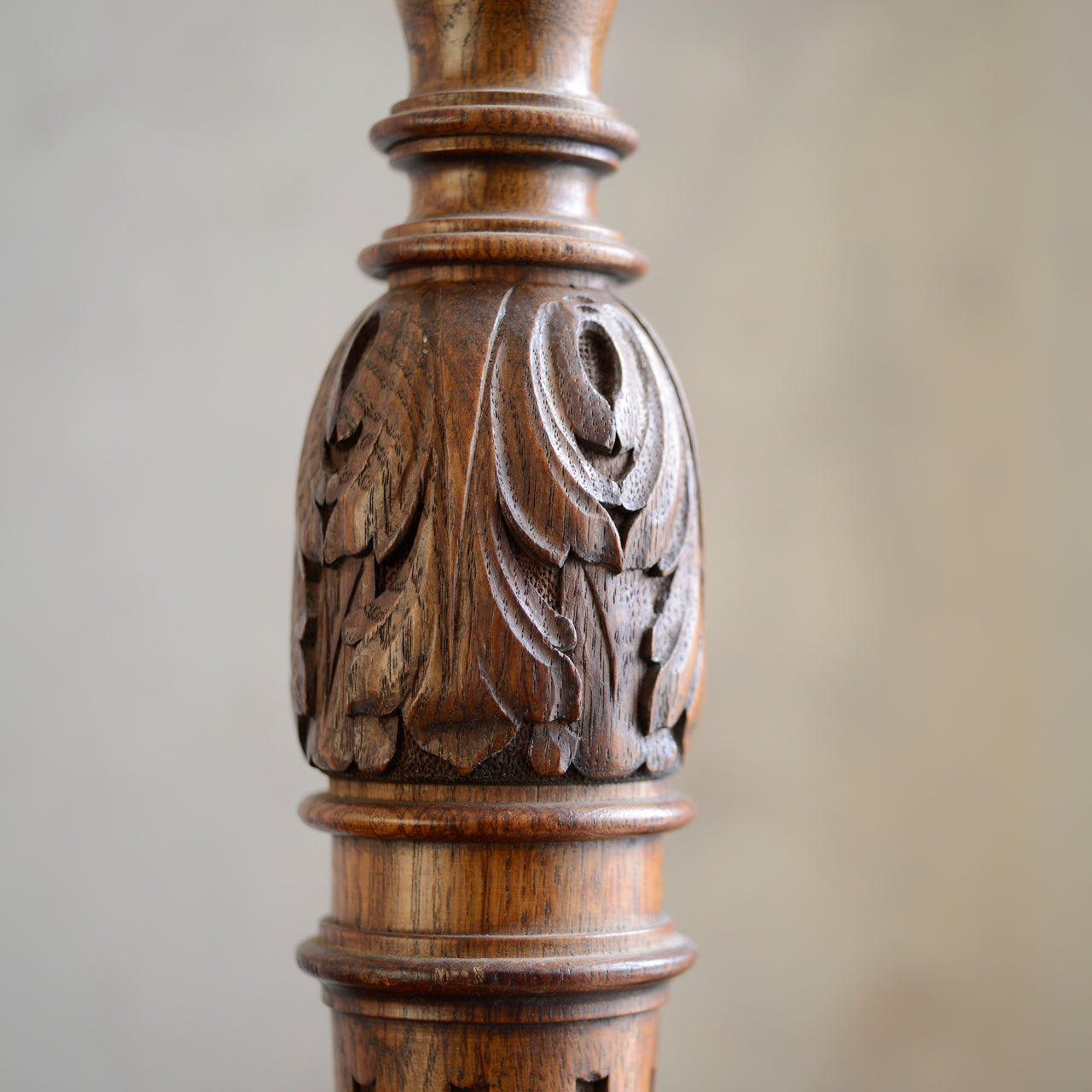 Large Oak Table Lamp - Reeded Column with Carved Leaf