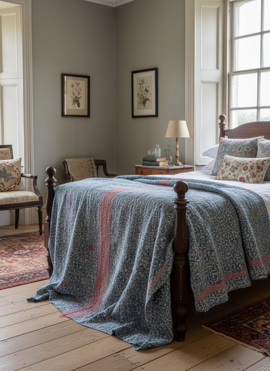 A Finestitch Indigo Kantha Quilt with Indigo over-print.